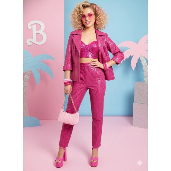 Clara S. Bright Pink Blazer w a Square Print Barbiecore Statement Textured - Picture 1 of 4